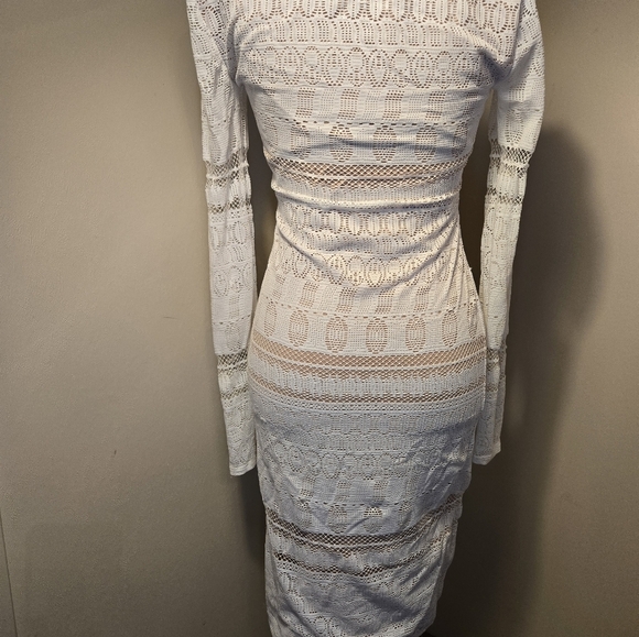 BCBG Maxazria Size XS White Tan Alice Mixed Lace Sheer long sleeve Sheath Dress - Picture 4 of 15